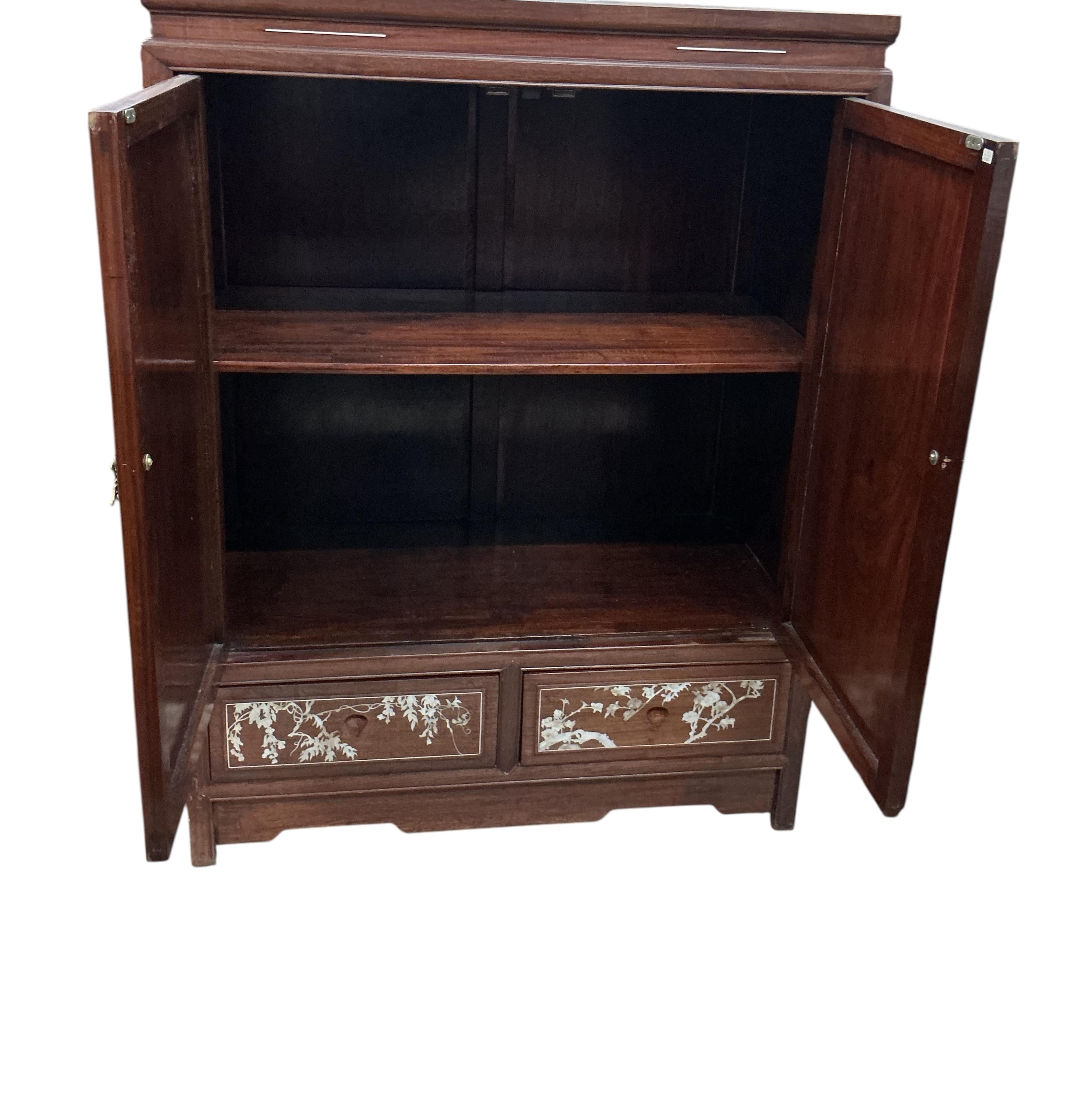 A Chinese mother of pearl inlaid hardwood side cabinet, width 91cm, depth 46cm, height 122cm